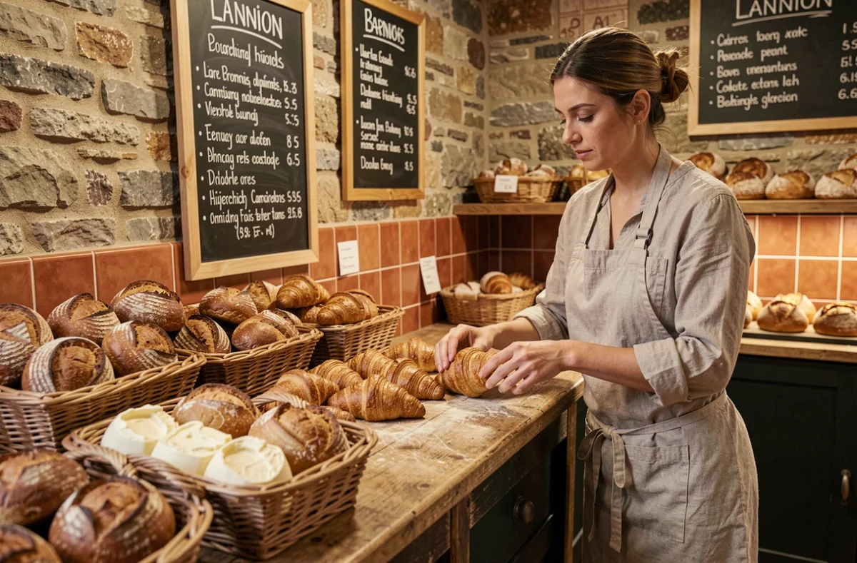 Viennoiseries et pains au levain frais dans des paniers en osier à la Boulangerie-Pâtisserie Bosser à Lannion