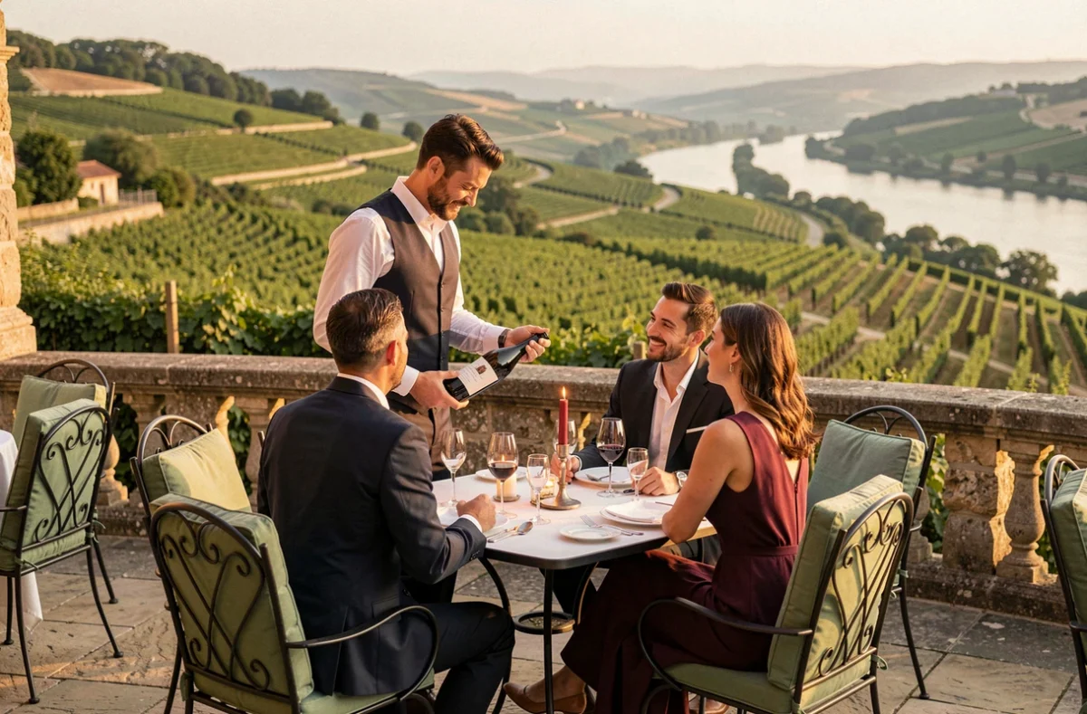 Terrasse du Castel de Verlieu à Chavanay avec vue sur les vignobles en terrasses de la vallée du Rhône