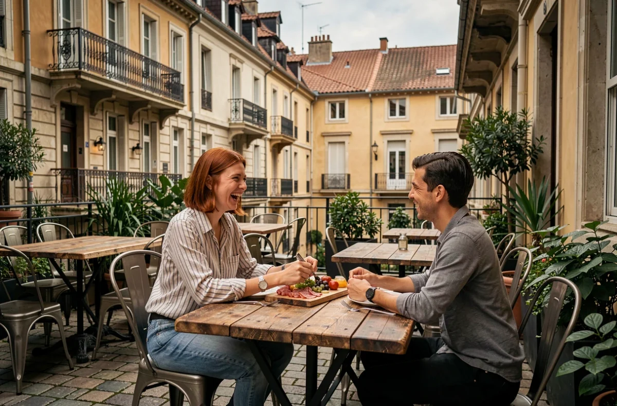 Terrasse du restaurant Le Cerf Volant à Lyon avec façades lyonnaises historiques et ambiance bistro animée