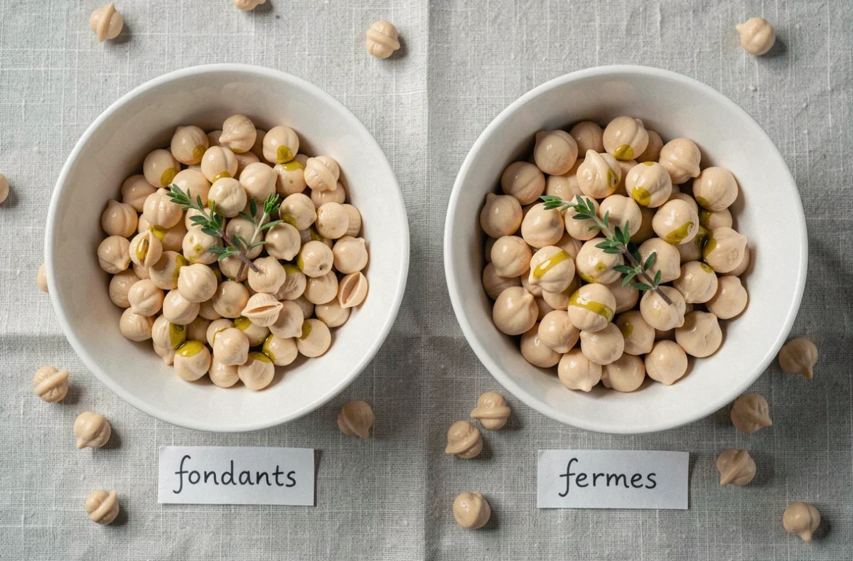 Deux bols comparant des pois chiches fondants et fermes avec étiquettes sur une nappe en lin