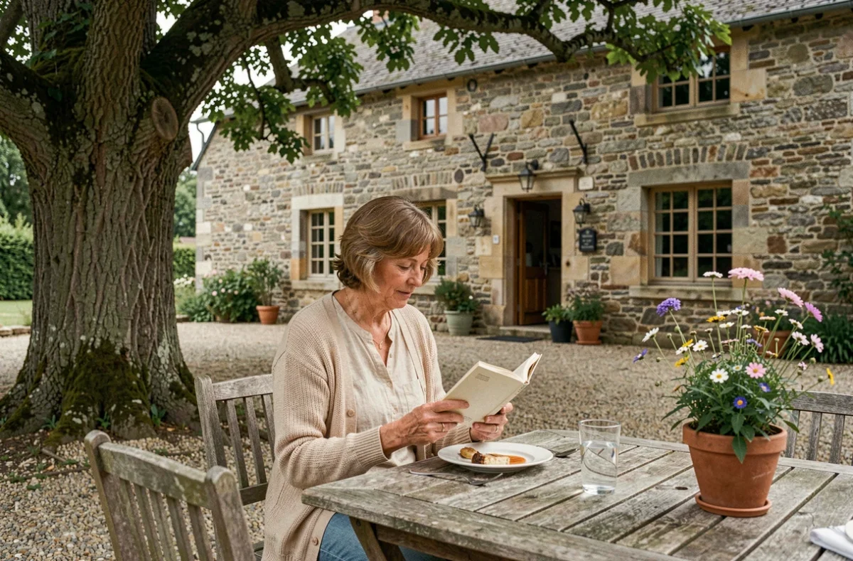 Terrasse de l'Hôtel-Restaurant La Croix des Bois à Lalizolle dans un cadre de ferme auvergnate en pierre