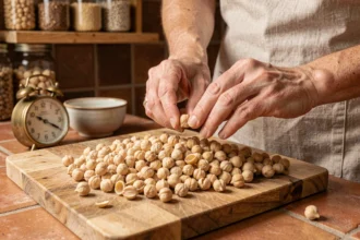 Femme testant la texture de pois chiches cuits sur une planche en bois dans une cuisine rustique