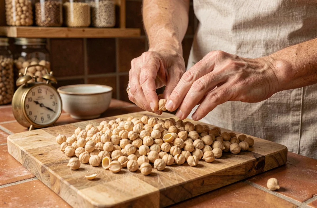 Femme testant la texture de pois chiches cuits sur une planche en bois dans une cuisine rustique