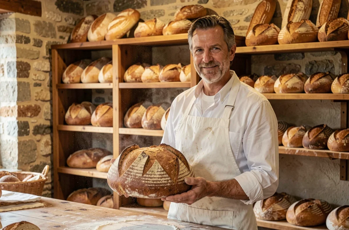 Boulanger de la boulangerie Familha à Chambonas tenant fièrement un pain de campagne primé au niveau national, intérieur en pierre et étagères de pains artisanaux