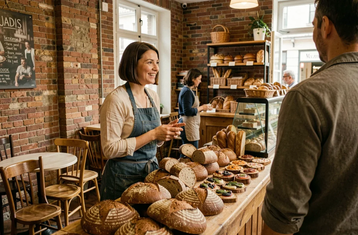 Intérieur convivial de la boulangerie bio Jadis à la Croix-Rousse à Lyon, boulangère en tablier denim échangeant avec une cliente devant un comptoir de pains au levain et pains complets