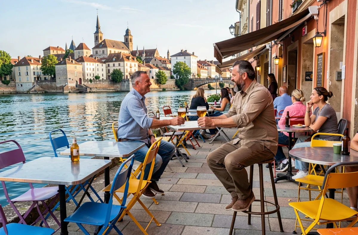 Terrasse du Komptoir à Saint-Laurent-sur-Saône avec vue sur la Saône et les toits de Mâcon en arrière-plan
