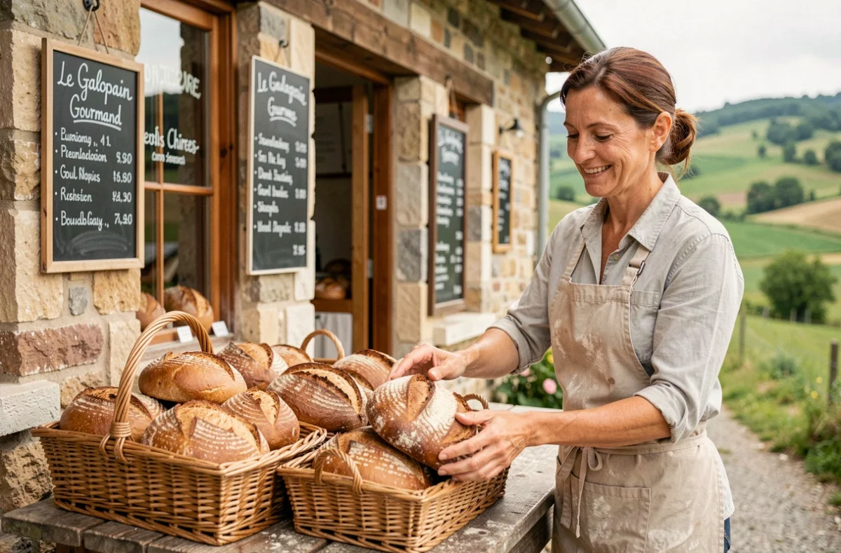 Boulangerie artisanale Le Galopain Gourmand à Chirens, boulangère déposant un pain de campagne doré sur une table en bois devant la façade en pierre, collines verdoyantes de l'Isère en arrière-plan
