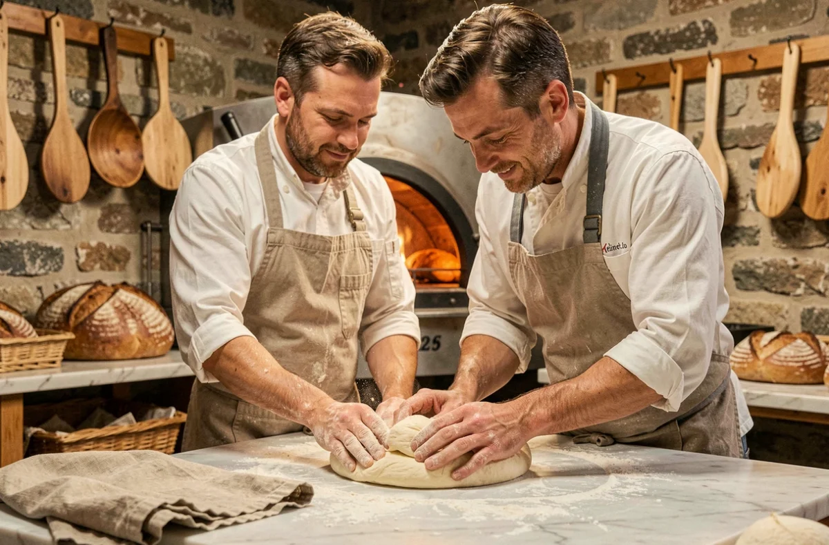 Boulanger artisan de Le Pain et Jo à Dardilly en train de façonner une pâte sur un plan de travail en marbre, four à sole visible en arrière-plan dans la boulangerie primée