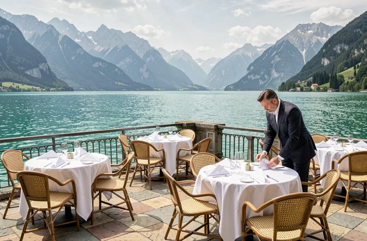 Terrasse du restaurant Le Roc à Veyrier-du-Lac avec vue sur les eaux émeraude du lac d'Annecy et les Aravis