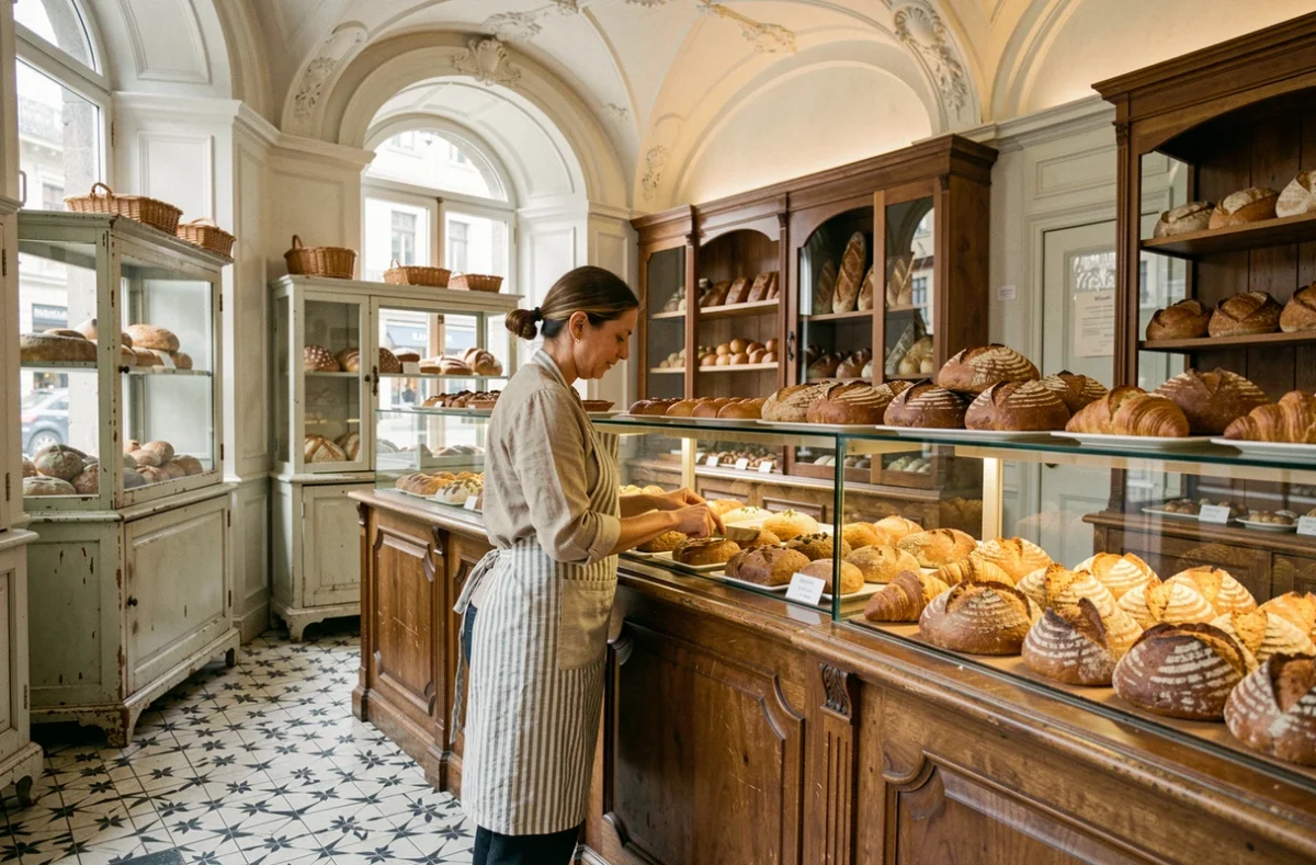 Intérieur de la boulangerie Les Générations Notre-Dame à Grenoble, femme en tablier arrangeant des pains au levain sur un comptoir bois vintage dans une boutique au caractère historique