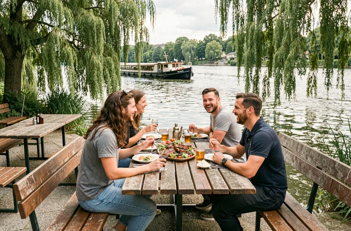Terrasse des Planches à Albigny-sur-Saône en bord de Saône avec tables en bois et végétation fluviale