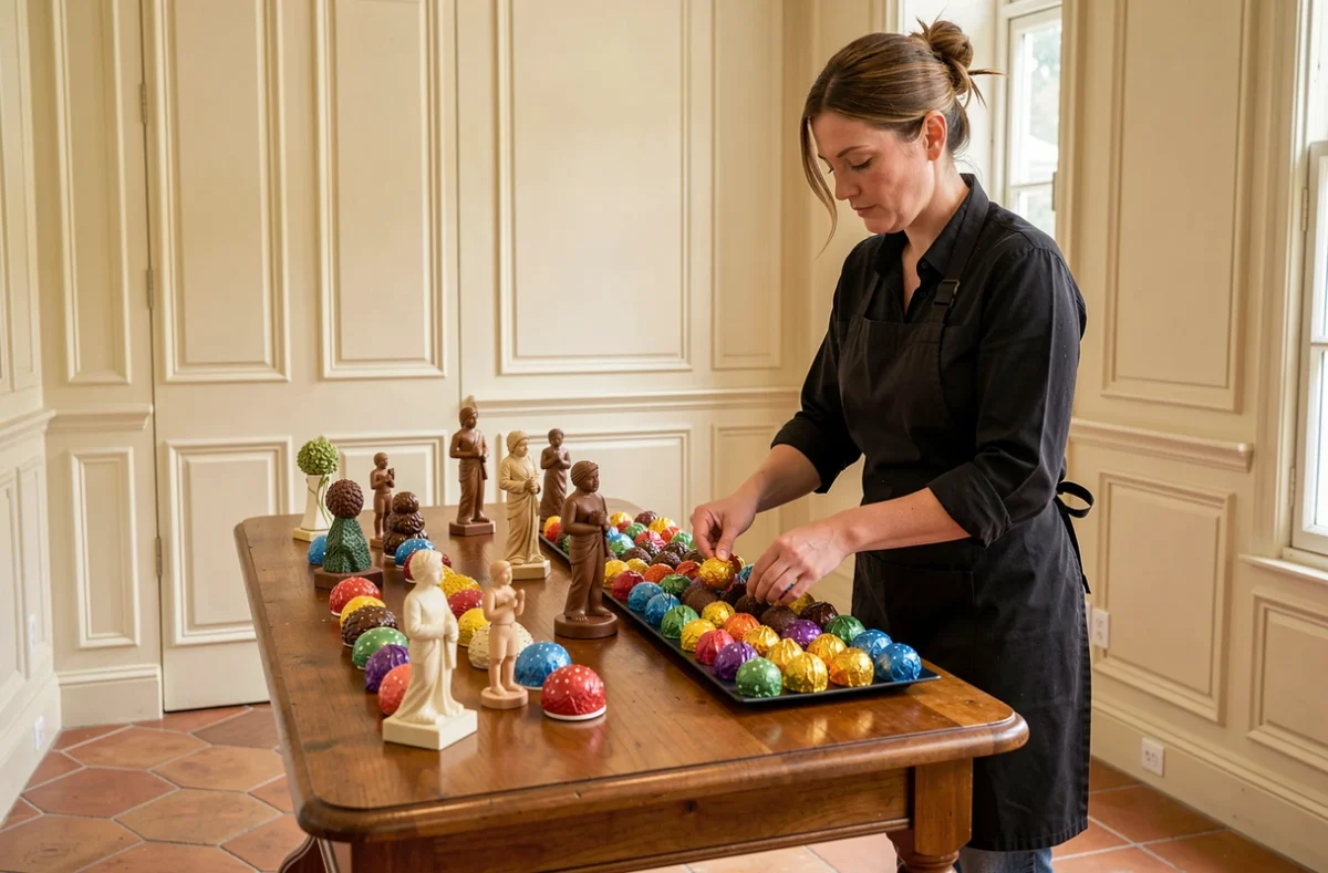 Assortiment de chocolats et figurines en massepain colorés exposés à la Maison Larnicol à Quimper