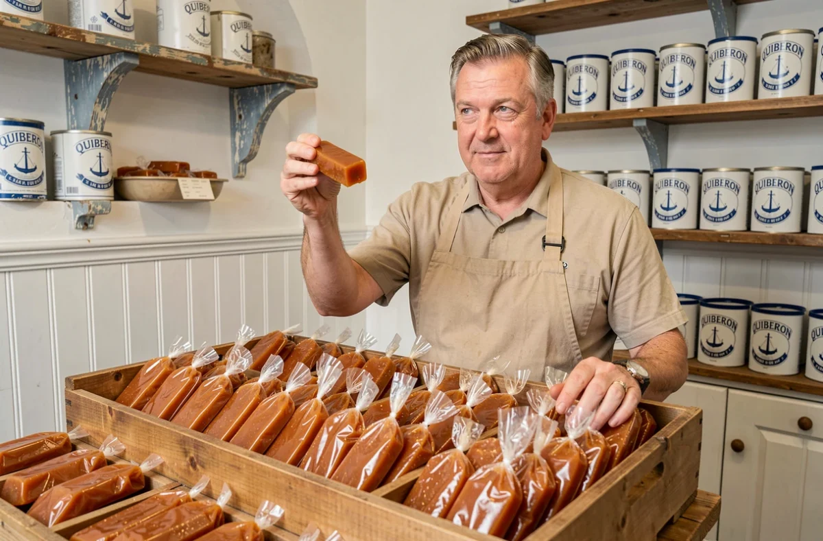 Caramels au beurre salé artisanaux de la Maison Le Roux à Quiberon, présentés dans un coffret en bois