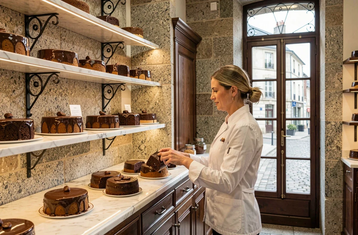 Vitrines élégantes de la Maison Malécot à Saint-Malo avec des entremets au chocolat brillants sur des étagères en marbre