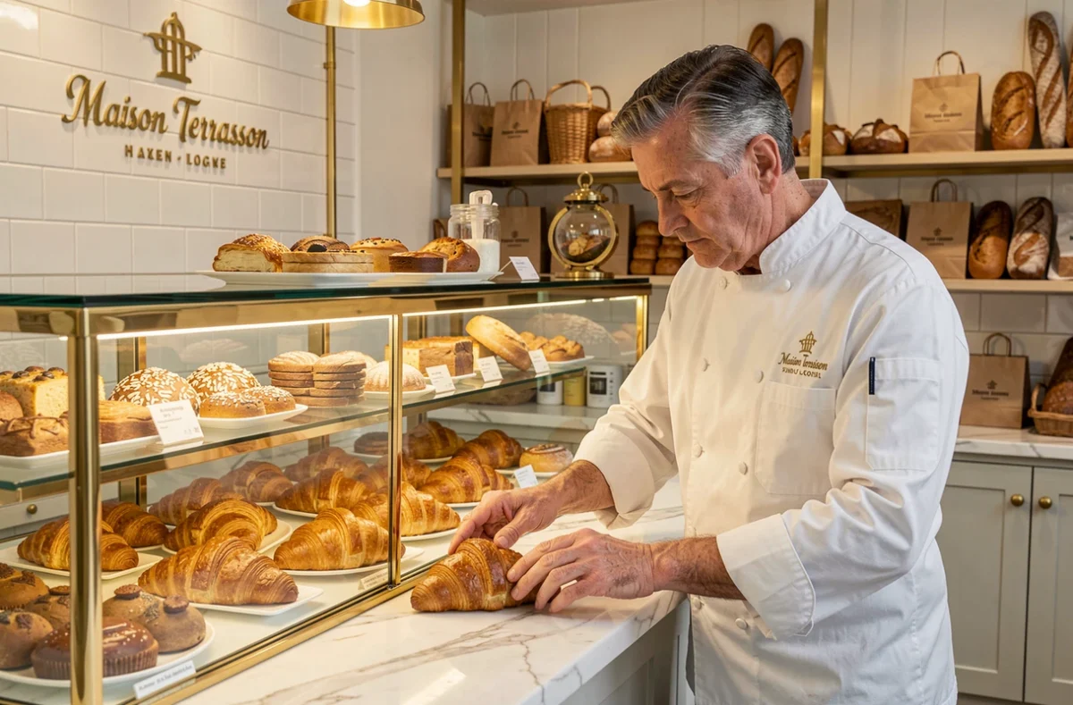 Intérieur raffiné de la Maison Terrasson à Lyon, boulanger disposant des croissants feuilletés sur un comptoir en marbre dans une boulangerie artisanale d'exception