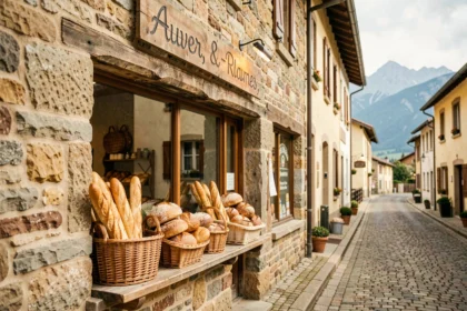 Devanture d'une boulangerie artisanale en Auvergne-Rhône-Alpes avec des pains et baguettes exposés dans la vitrine, façade en pierre et montagnes en arrière-plan