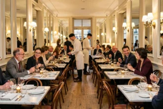 Vue panoramique d'une salle de restaurant parisien animée, avec tables en marbre, serveurs en tablier blanc et décor haussmannien classique