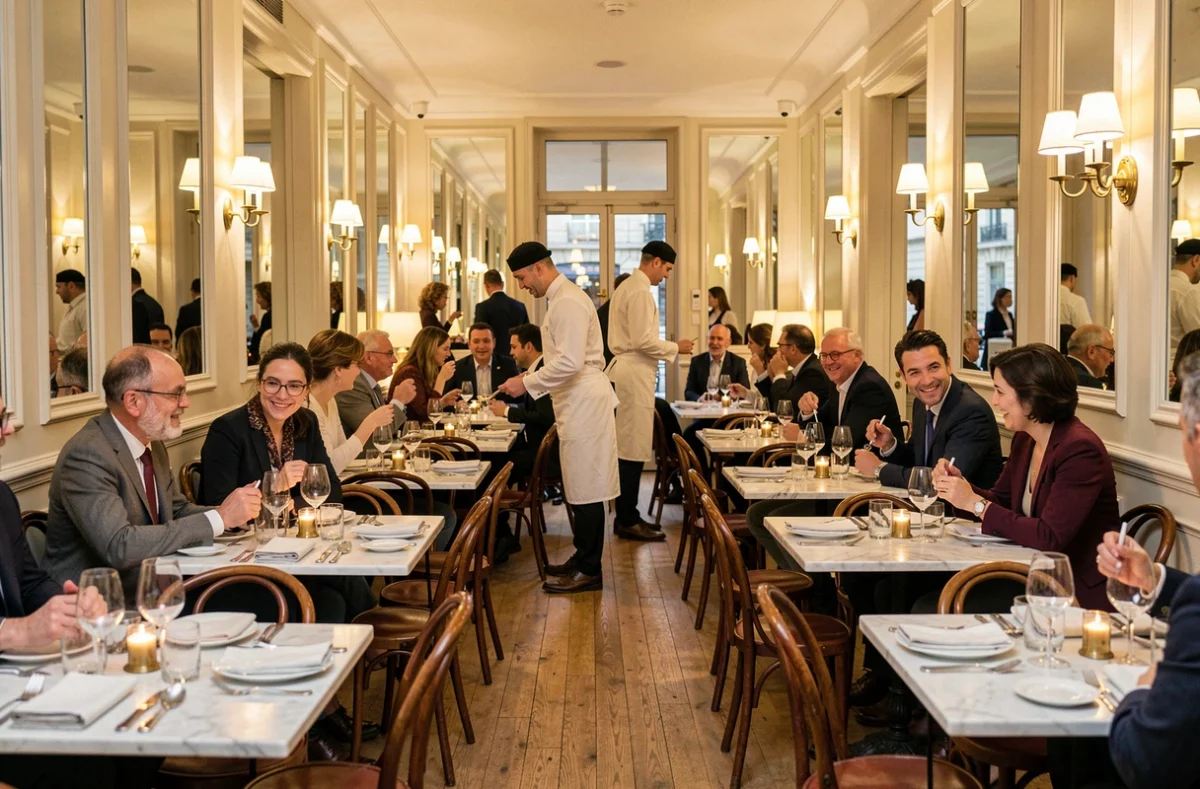 Vue panoramique d'une salle de restaurant parisien animée, avec tables en marbre, serveurs en tablier blanc et décor haussmannien classique