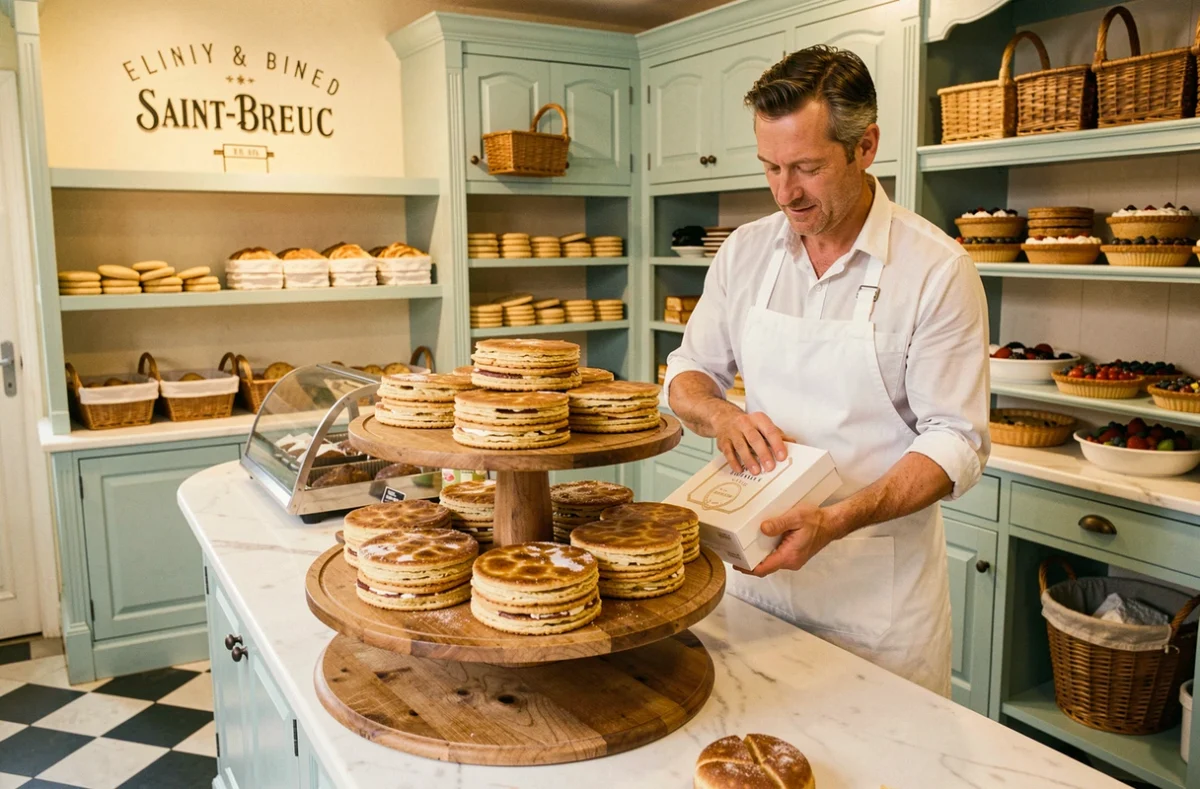 Galettes bretonnes et mille-feuilles feuilletés disposés sur un présentoir en bois à la Pâtisserie Durand à Saint-Brieuc