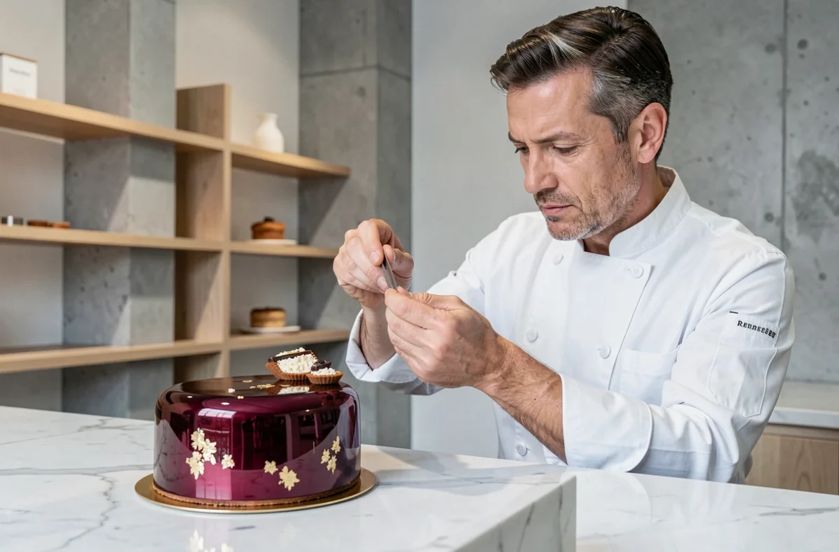 Entremet haute pâtisserie au glaçage miroir et à la feuille d'or signé Yann Brys dans sa boutique à Rennes