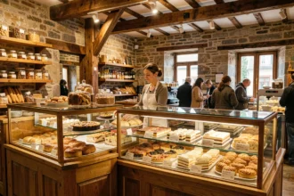 Intérieur d'une pâtisserie bretonne avec des vitrines garnies de spécialités régionales comme le kouign-amann et le far breton