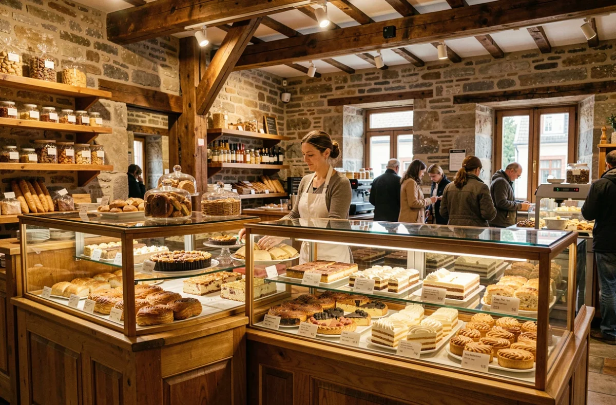 Intérieur d'une pâtisserie bretonne avec des vitrines garnies de spécialités régionales comme le kouign-amann et le far breton