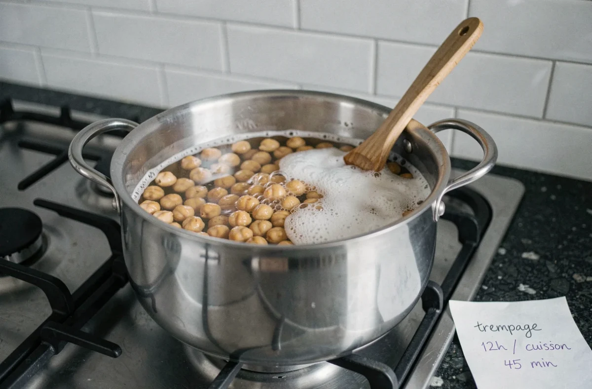 Pot de pois chiches en train de cuire sur une gazinière avec une cuillère en bois et une note de cuisson
