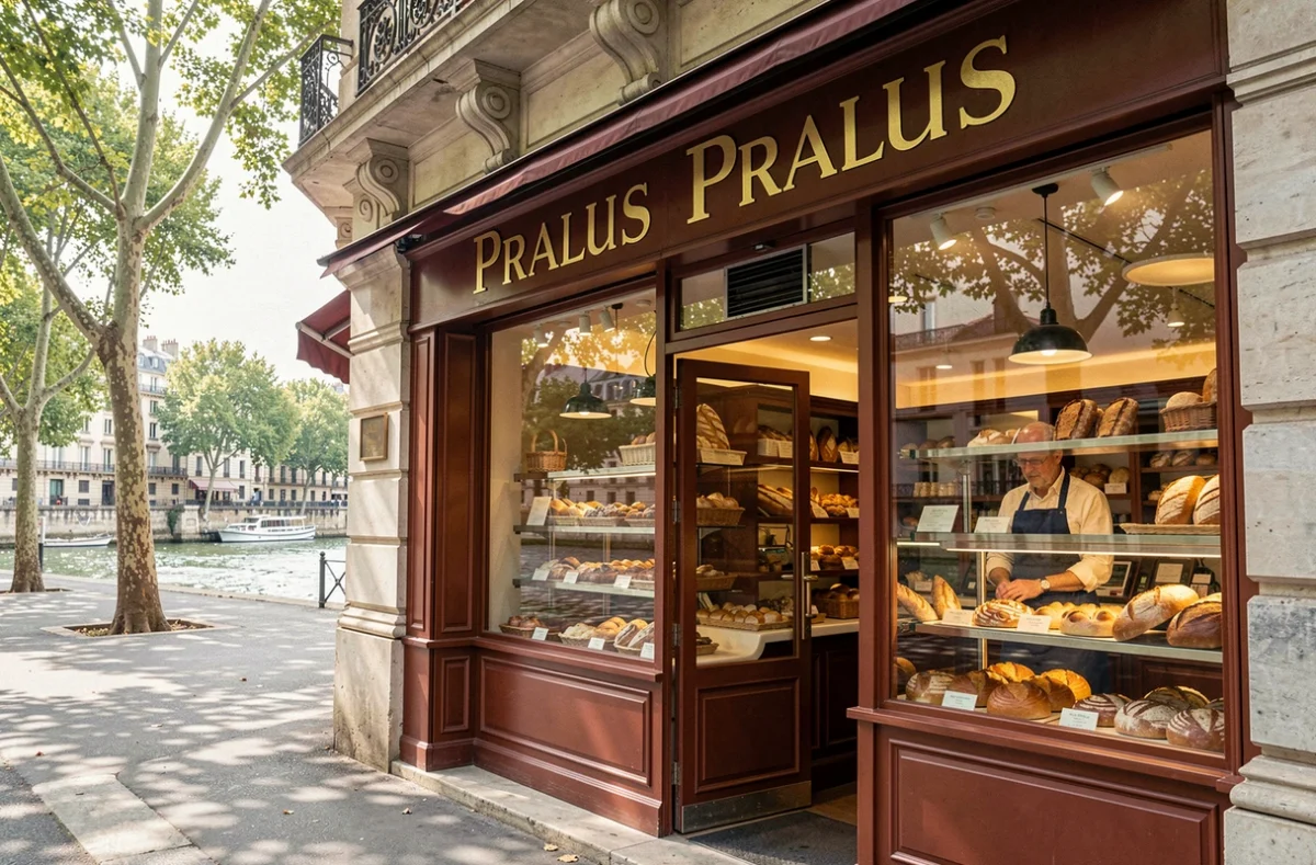 Façade de la boulangerie Pralus sur les quais de Saône à Lyon avec une vitrine présentant la brioche Praluline et des pains artisanaux, promenade en bord de rivière visible