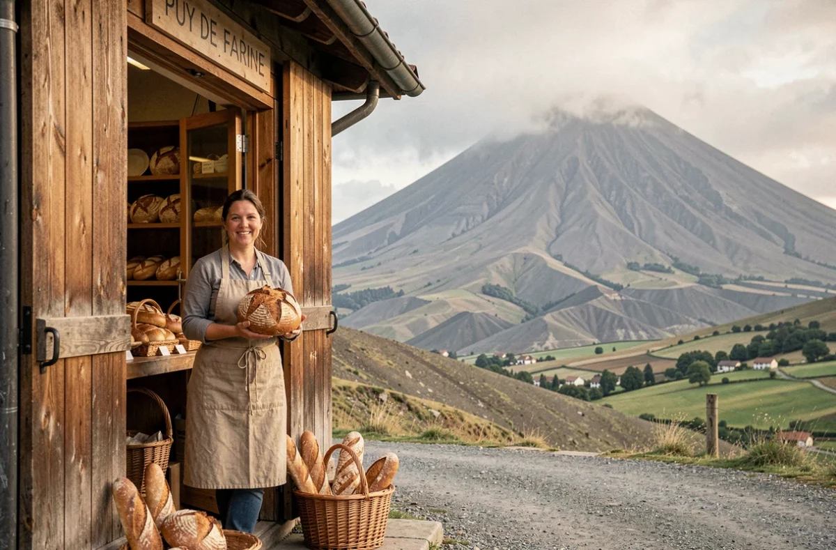 Devanture de la boulangerie Puy de Farine à Orcines avec une boulangère tenant un pain de campagne, la silhouette du Puy de Dôme visible dans l'arrière-plan brumeux