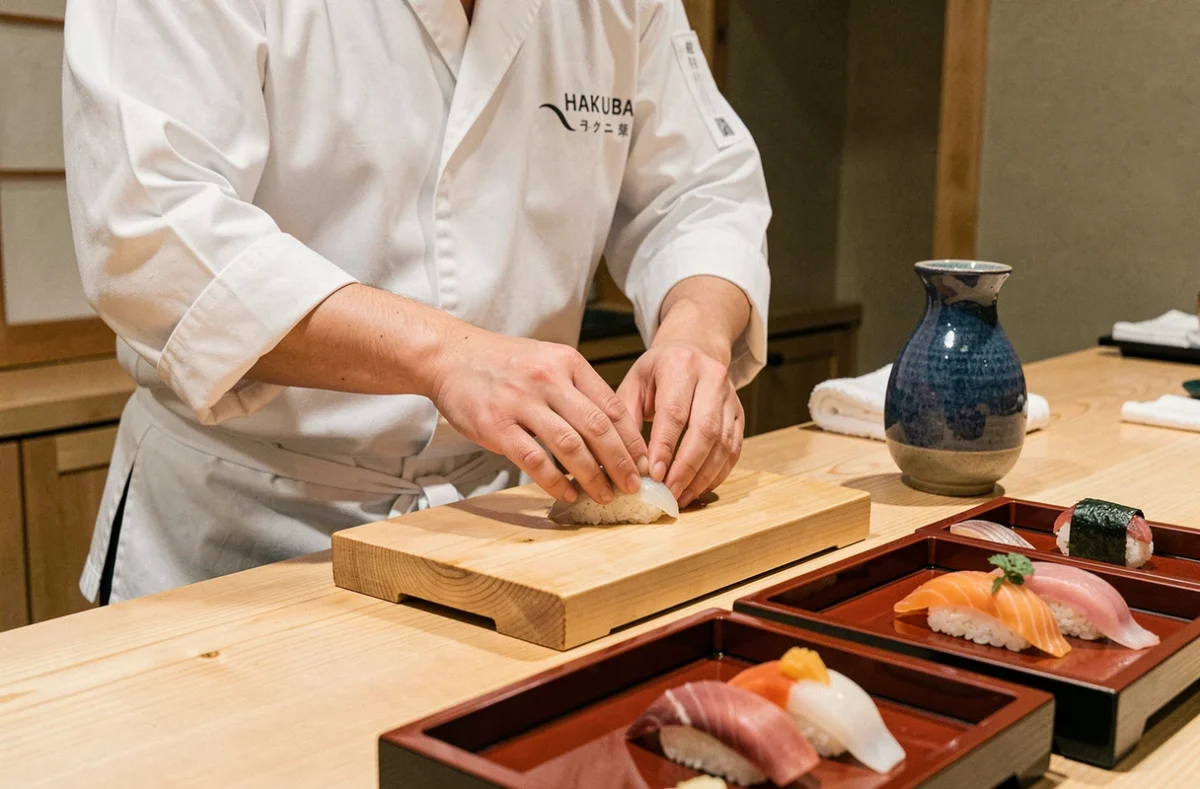 Chef japonais en veste blanche façonnant des nigiri avec précision derrière un comptoir en bois de hinoki, avec plateau de sushis artistiquement dressé au premier plan