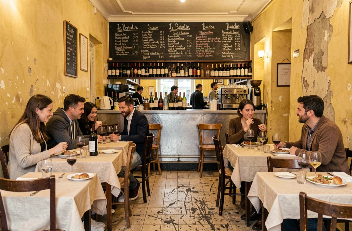 Intérieur chaleureux du bistrot Le Baratin à Belleville, avec comptoir en zinc, menus à la craie et bouteilles de vin naturel sur fond de murs en plâtre usé