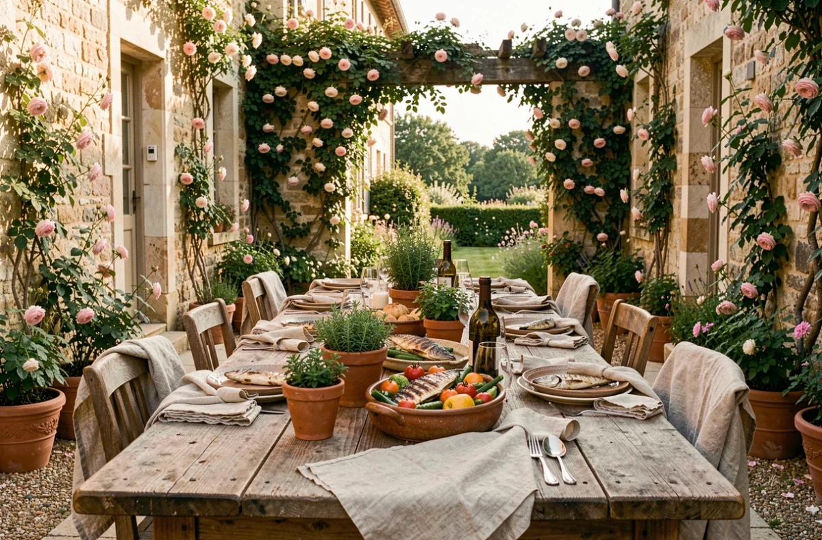 Longue table de fête dressée en terrasse d'un manoir en pierre pour un repas champêtre au Doyenné, avec vaisselle en céramique rustique, légumes du jardin et roses grimpantes sur les murs