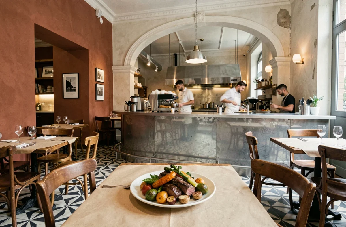 Salle animée du restaurant Le Servan dans une ancienne école parisienne, avec carrelage géométrique noir et blanc, comptoir en zinc et plat de partage généreux au premier plan