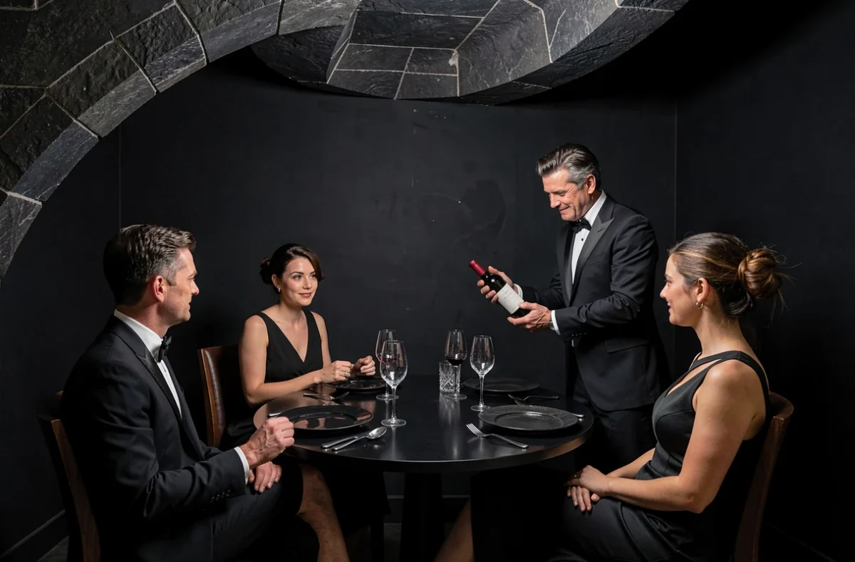 Salle intimiste aux murs noirs mats du restaurant Onyx, avec table ronde dressée en porcelaine noire et cristal, et sommelier présentant un vin rouge à des convives en tenue de soirée