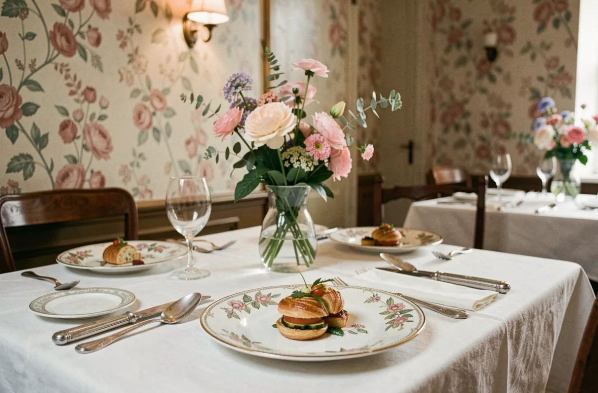 Table romantique dressée au restaurant Passionné, avec papier peint floral ancien en rose poudré, argenterie vintage, vase de fleurs sauvages et assiette de dégustation sur porcelaine peinte à la main