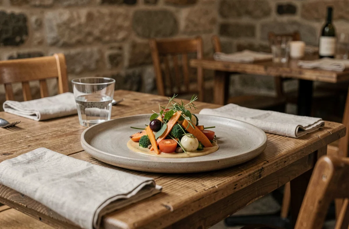 Assiette gastronomique soigneusement dressée sur une table en bois rustique du restaurant Septime, avec légumes de saison et herbes fraîches sur céramique mate