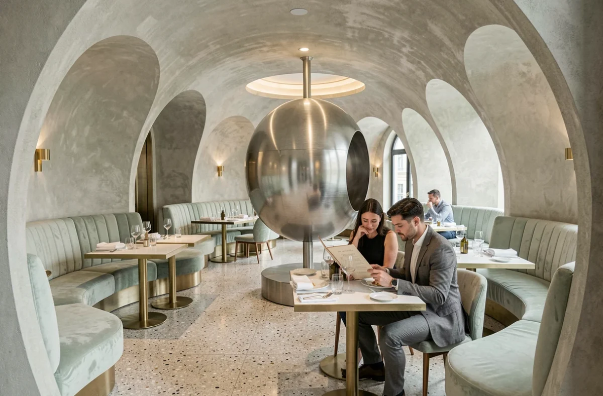 Intérieur du restaurant Sphère aux alcôves arrondies, banquettes en velours vert sauge et installation sculpturale centrale en métal brossé, avec couple consultant le menu au premier plan