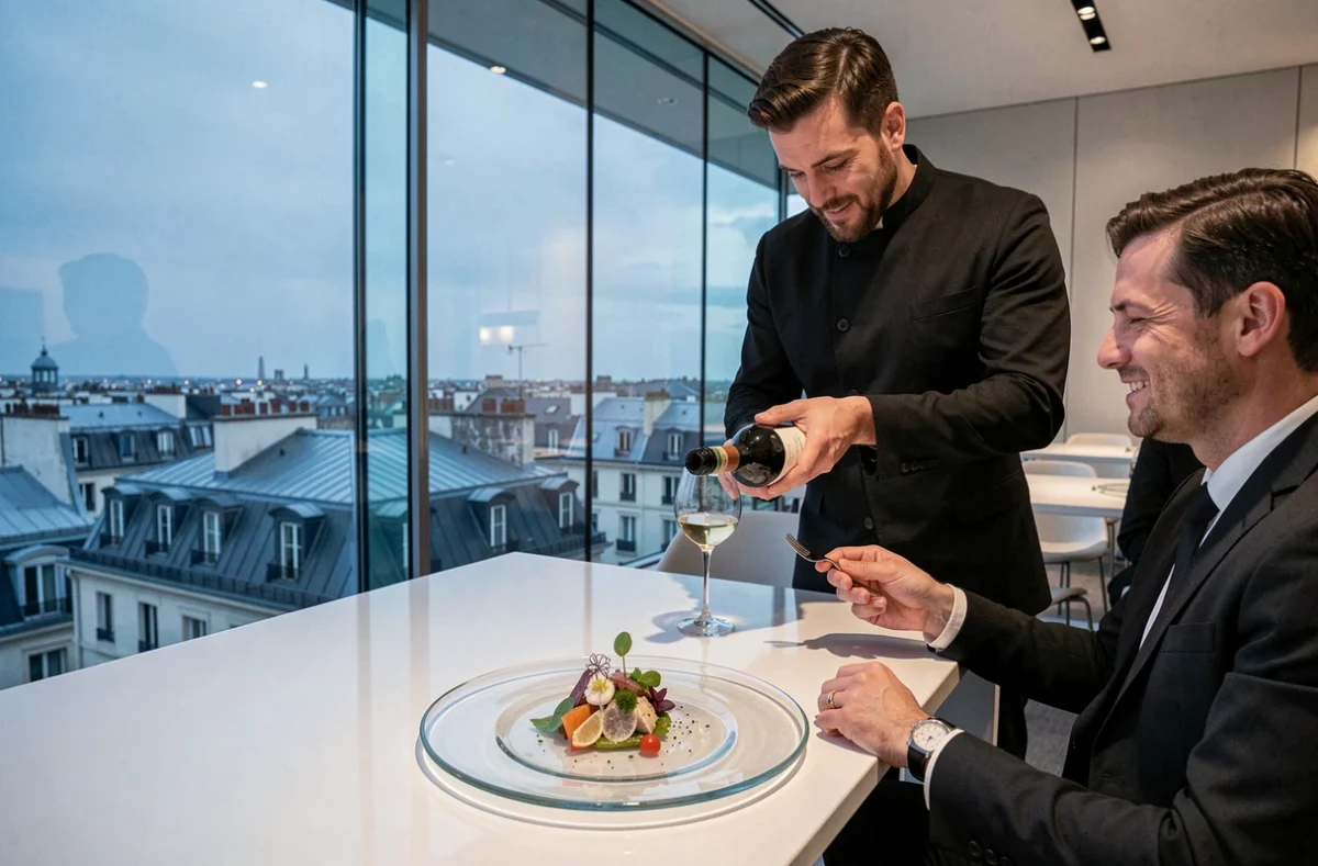 Table de dégustation au restaurant Stellar avec vue panoramique sur les toits de Paris au crépuscule, assiette de cuisine moléculaire sur plaque de verre translucide et sommelier versant un vin blanc