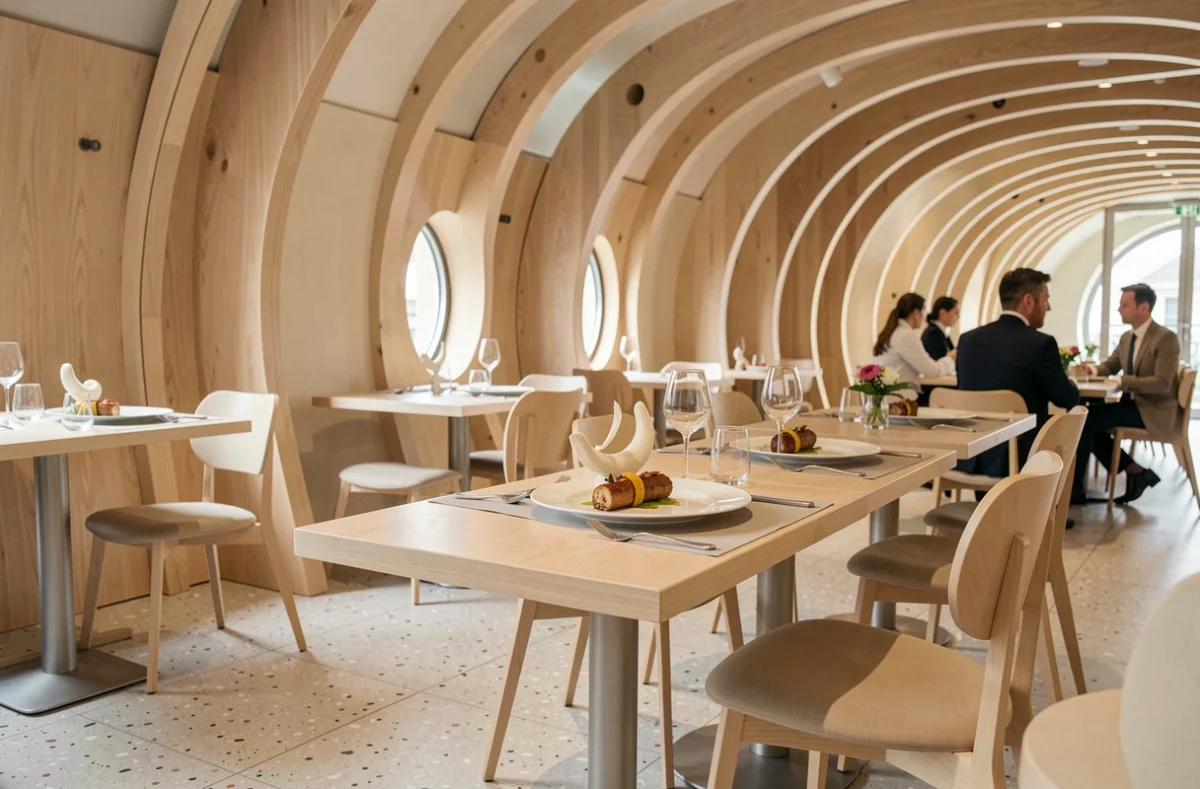 Salle au design contemporain aux panneaux en chêne courbés évoquant la coque d'un vaisseau, avec assiette sculpturale sur porcelaine blanche et convives élégants en arrière-plan