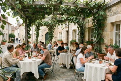 Terrasse animée d'un restaurant typique du Val-d'Oise avec des convives attablés sous une pergola végétalisée