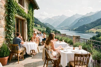 Terrasse panoramique d'un restaurant en Auvergne-Rhône-Alpes avec vue sur lac et montagnes verdoyantes