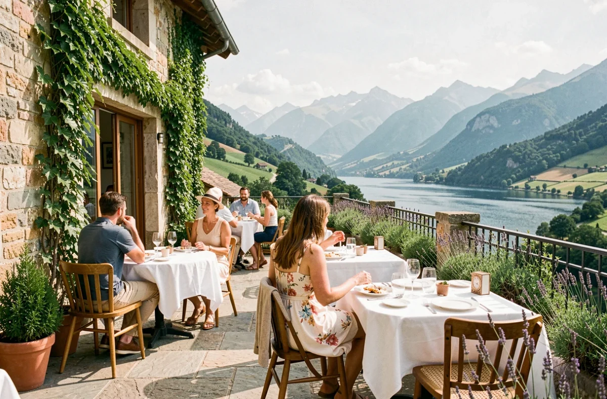 Terrasse panoramique d'un restaurant en Auvergne-Rhône-Alpes avec vue sur lac et montagnes verdoyantes