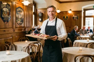 Serveur en tablier noir portant un plateau de vins alsaciens dans un bistrot traditionnel du Grand Est à l'ambiance chaleureuse et authentique