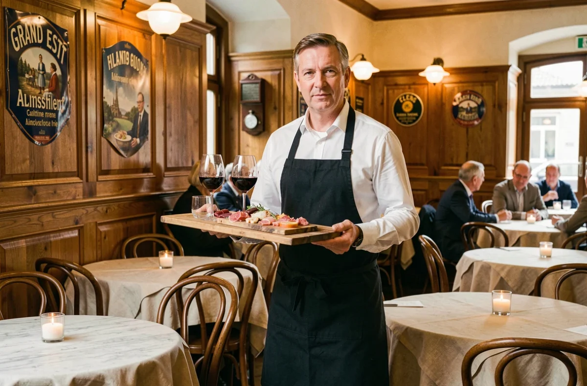 Serveur en tablier noir portant un plateau de vins alsaciens dans un bistrot traditionnel du Grand Est à l'ambiance chaleureuse et authentique