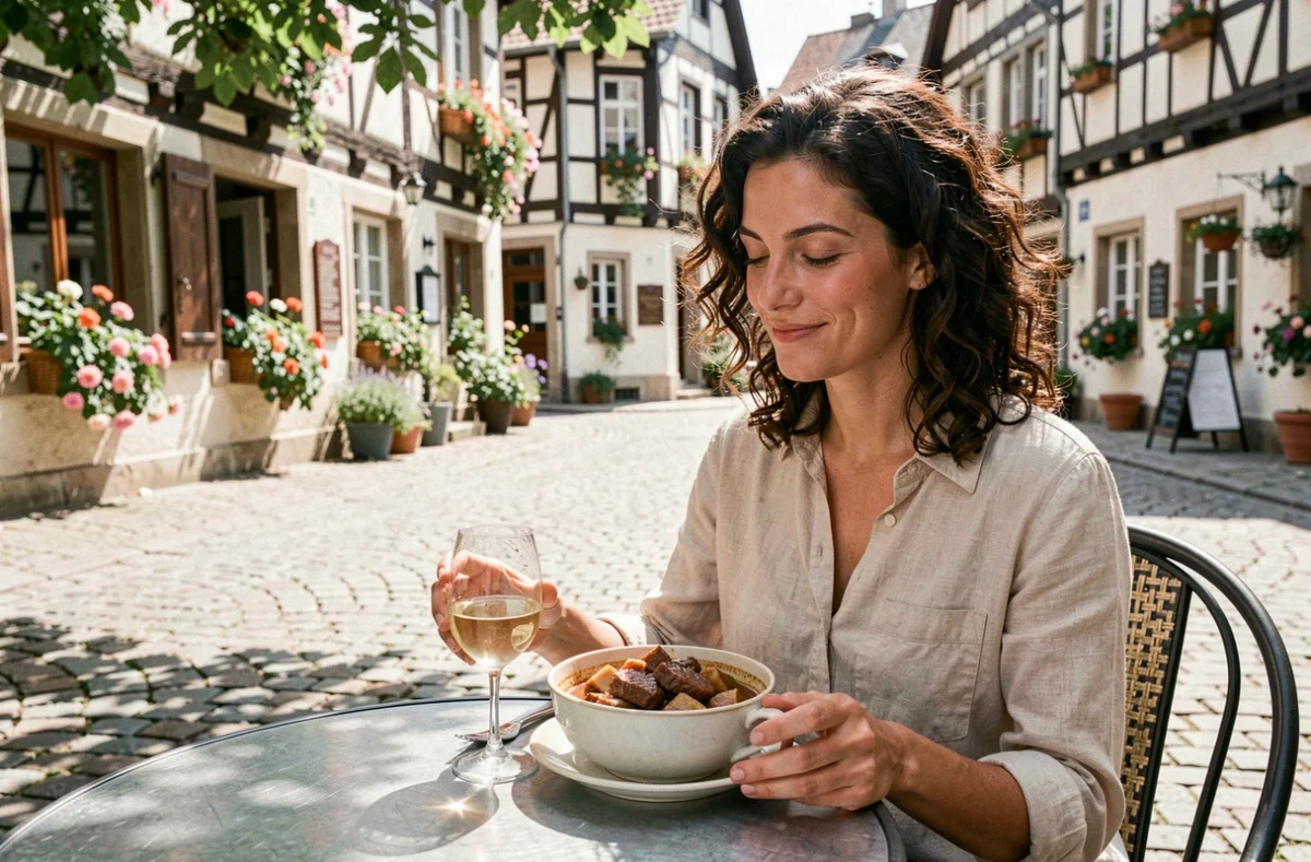 Femme dégustant un baeckeoffe en terrasse d'un bistrot alsacien typique sur une place pavée du Grand Est entourée de maisons à colombages